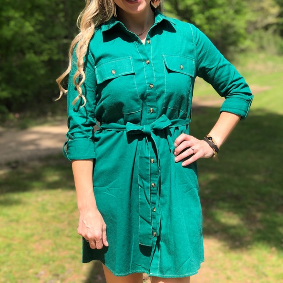Dresses & Skirts - Button Down Green Dress With Belt, Cuffed Sleeves